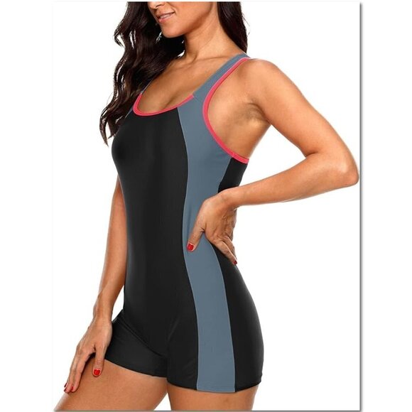 Attraco Grey Women's Boycut Slimming One Piece swimsuit NWT - Picture 5 of 8